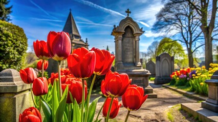 Beautiful Architectural Photography of a Grave Surrounded by Vibrant Red Tulips â€“ Nature Meets Remembrance in a Serene Cemetery Setting