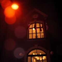 Blurred night view of a building with illuminated windows and flags.