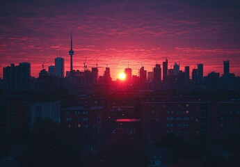 Fototapeta premium Breathtaking Sunset Over Toronto Skyline Highlighting Urban Architecture and Towering Buildings Against a Vibrant Sky with Red and Purple Hues