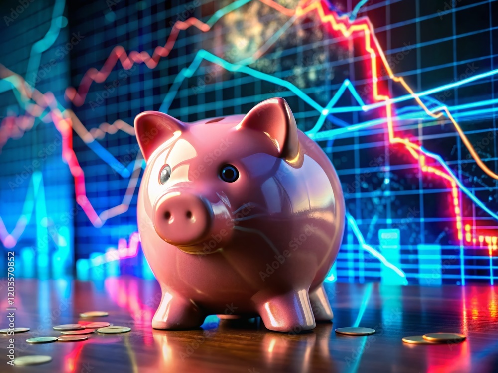 Wall mural Broken Piggy Bank Against Stock Market Graph - Financial Crisis Concept