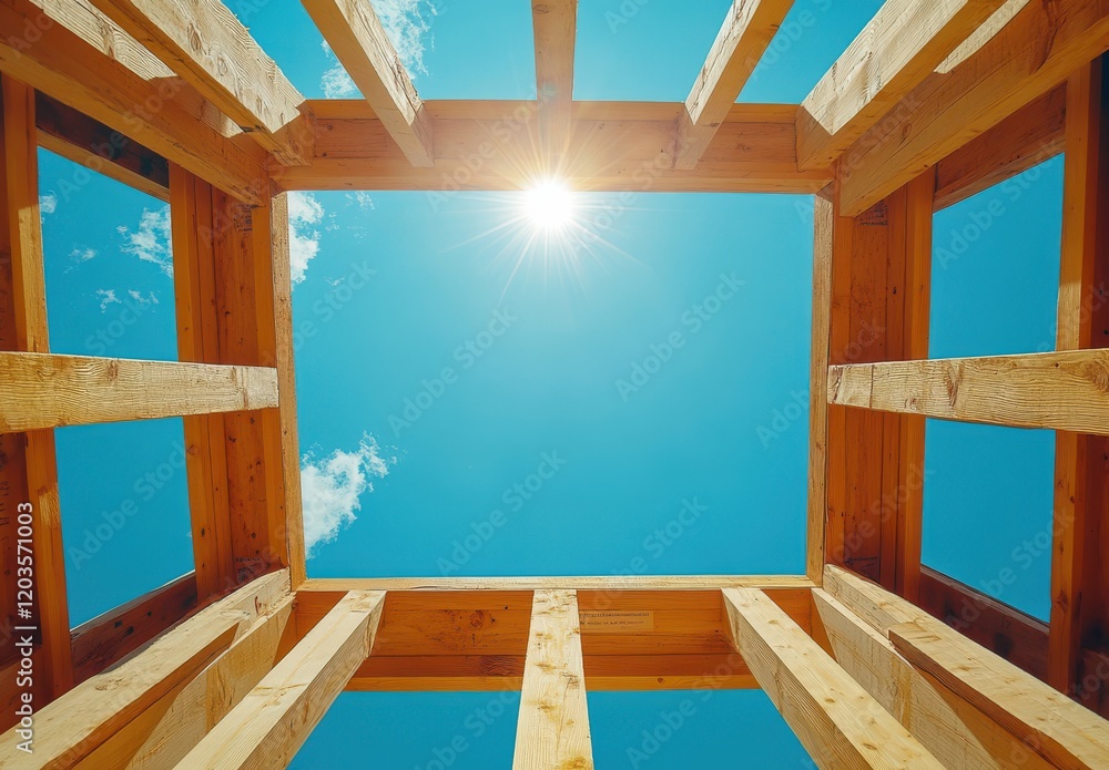 Poster bright blue sky seen through wooden frames of a building under construction with sun shining and sof