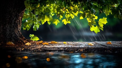 Serene rain softly illuminates vibrant green leaves near tranquil water. AI Generated