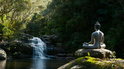 Serene Buddha statue meditating by tranquil waterfall in lush forest, nature peace poster