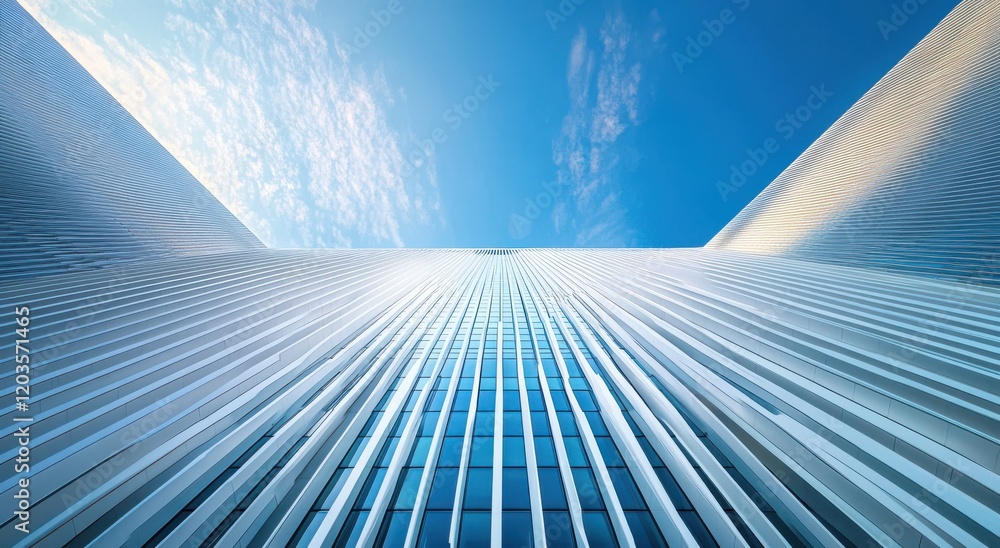 Poster captivating angle of modern architecture highlighting vertical lines and clear blue sky with soft cl