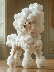 Whimsical Poodle Covered in Cloud-like Cotton Balls in Elegant Interior