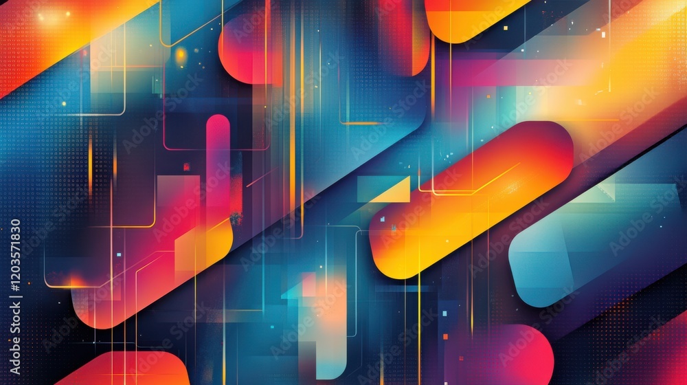 Poster vibrant abstract composition with colorful geometric shapes and gradients creating a dynamic visual 