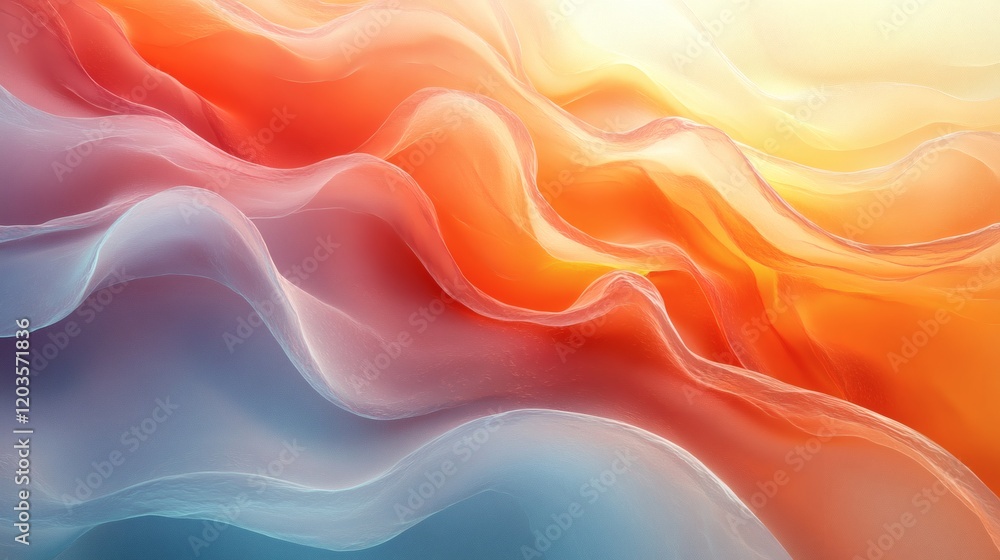 Poster radiant orange cyan flowing curves blend together with soft fluid lines creating a vibrant digital a
