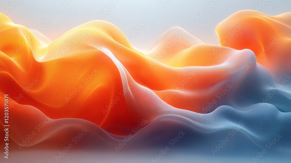 Poster radiant orange cyan flowing curves blend together with soft fluid lines creating a vibrant digital a