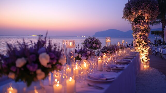 Beautifully decorated outdoor dining area featuring a flower-adorned arch, candles, and a sunset view by the sea, perfect for special occasions, romantic events, or themed celebrations.