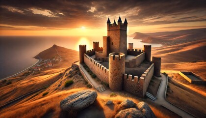 Obraz premium Genoese fortress stands majestically on hilltop at sunset in sudak, crimea