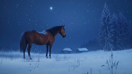 Solitary Horse in Winter Wonderland: A Nighttime Scene