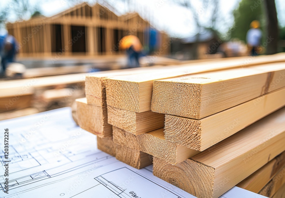 Poster close-up of stacked wooden beams with construction plans on the ground at a building site featuring 