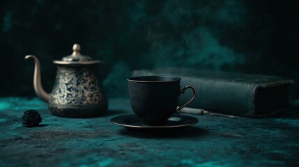 Mystical steam rises antique coffee cup with ornate teapot vintage book creating moody ambiance