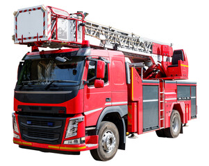 A bright red fire truck equipped with a ladder, designed for firefighting and rescue operations.
