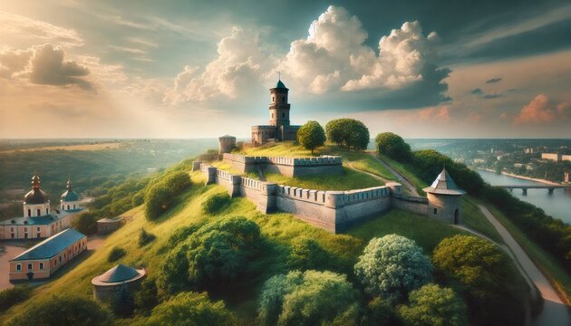 Zamkova hora castle ruins shining in sunset light over city of kamianets podilskyi, ukraine
