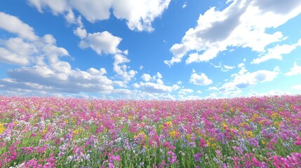 Fototapeta premium A vibrant field of blooming flowers under a bright blue sky, symbolizing the joy and renewal of Easter Sunday, with ample reflective copy space.