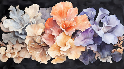 Intricate Watercolor Illustration of Vibrant Lingzhi Mushrooms on a Cosmic Black Background