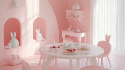 A whimsical Easter brunch scene with bunny-shaped pancakes, fresh berries, and a pastel-colored table setting, leaving room for designs.