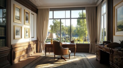 A quiet corner office with elegant furniture and a scenic view