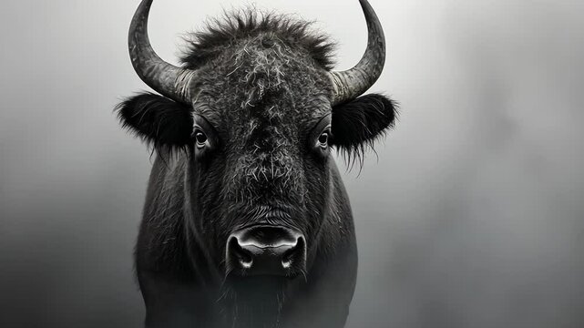 A majestic American bison standing tall in the morning mist, with piercing eyes and powerful horns. The focus is on the face, a realistic photo shoot in the early light 