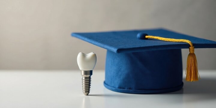 A dental implant model stands beside a graduation cap, symbolizing the achievement of a dental degree and a successful future in oral healthcare.