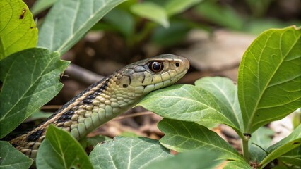 Candid Close-up of Snake Among Lush Green Leaves