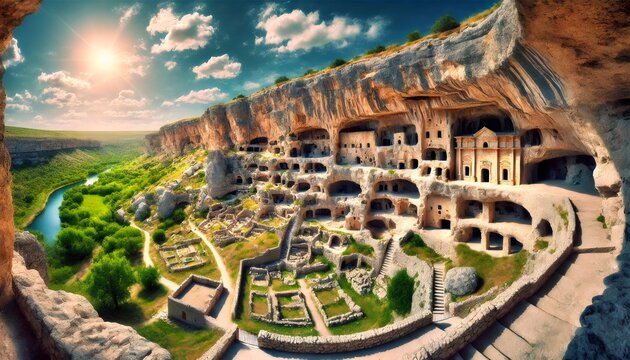 Baskil, turkey. Ancient cave city overlooking lush valley and river