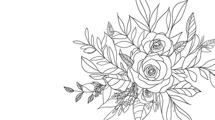 A black and white drawing of a flower bouquet with roses and leaves. generated using AI