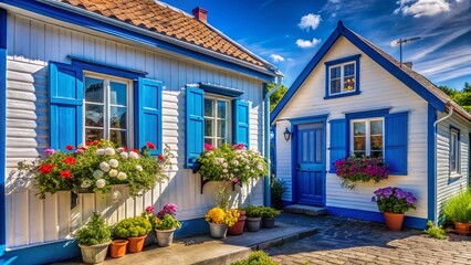 Candid Photo: Twin White and Blue Houses, Sunny Day, Charming Village