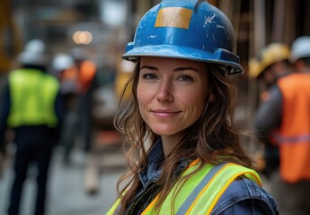 Confident Female Construction Worker Wearing Hard Hat and Safety Vest at Job Site with Team in Background Showcasing Strong Leadership and Professionalism in the Industry