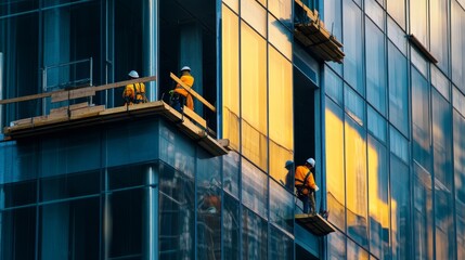 Fototapeta premium A serene evening shot of construction workers installing solar panels on a residential rooftop with a backdrop of city lights, Residential solar installation scene, Renewable energy integration style