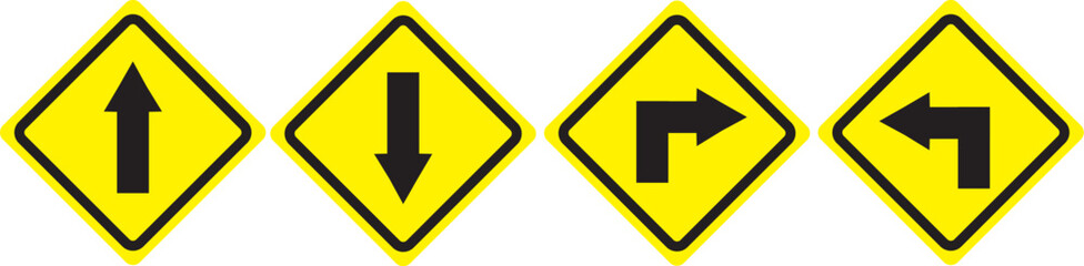 Traffic warning signs, go straight, turn right, turn left, traffic symbols.
