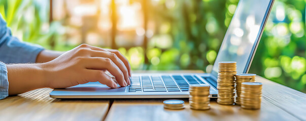 A person uses a laptop to manage finances with stacks of coins nearby. The setting features lush greenery, suggesting a peaceful outdoor workspace at midday.