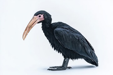 Obraz premium A striking black bird with a long, pale beak.