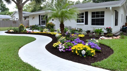Curb Appeal  White Walkway  Colorful Flowers  Lush Lawn  Modern House