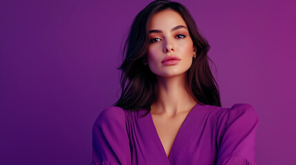 Fototapeta premium Portrait of Stylish Professional Woman Presenting News on Violet Background