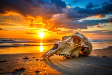 Obraz premium Capybara Skull Silhouette on Sandy Beach at Sunset - Wildlife Stock Photo