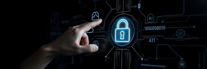 Fototapeta premium Internet Security and Data Protection – Blockchain and Cybersecurity with Digital Padlock. security copy space background, digital padlock, blockchain security, IT security, cyber threats