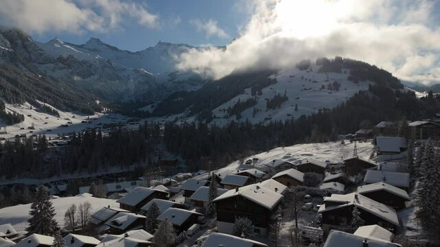 Aerial view of Adelboden, Switzerland with mountains Silleren, Tschingelhorn, Engstligengrat and Gross Lohner