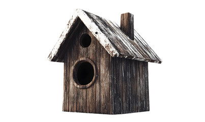 Rustic wooden birdhouse, snowy roof, winter scene, nature, wildlife habitat