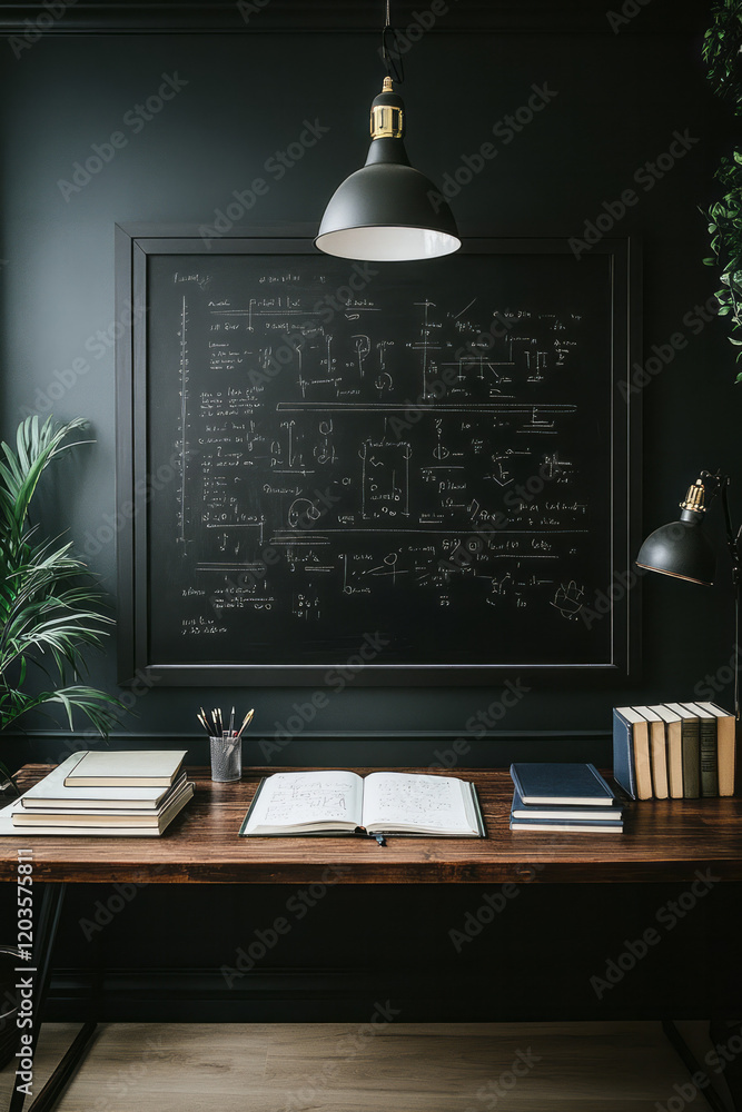 Leinwandbilder a serene workspace with a chalkboard displaying complex mathematical equations, surrounded by textbo