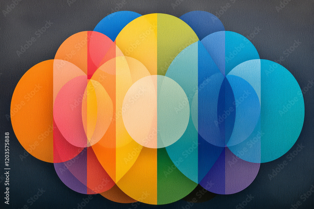 Poster An abstract geometric pattern featuring interlocking circles and triangles with vibrant colors and symmetrical arrangements,