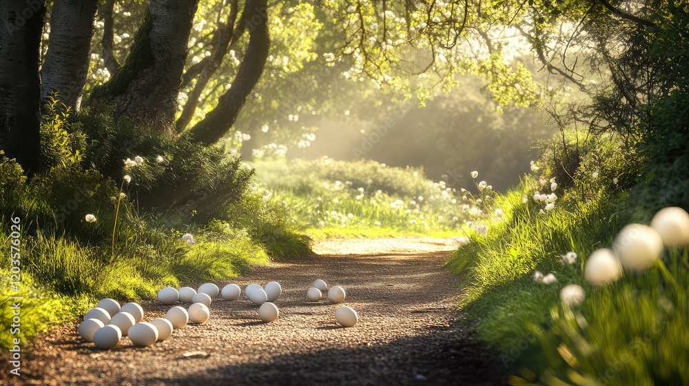 Poster eggs scattered along a woodland path with sunlight filtering through the trees, creating a magical a
