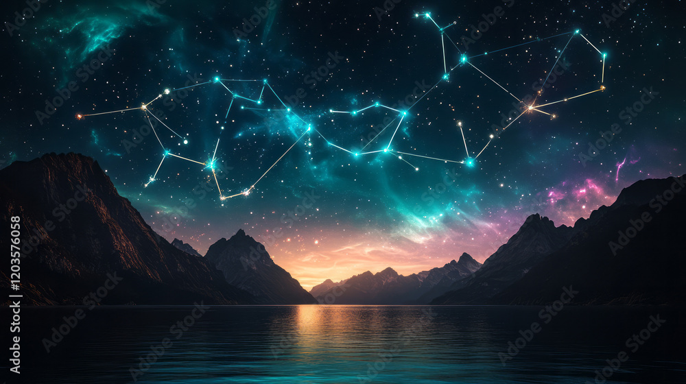 Poster a serene night sky with constellations forming mathematical symbols and equations, blending astronom