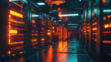 Data centers filled with rows and rows of servers as blinking light indicate constant processing, high detail, cinematic angle composition. Data center background