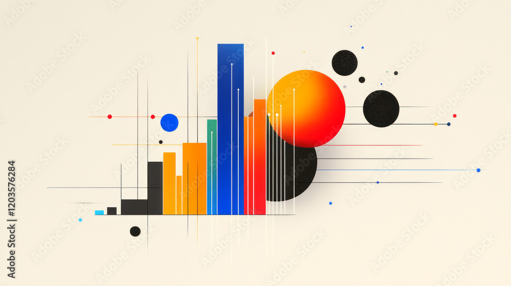 Poster An abstract depiction of statistical data visualization, using colorful bar graphs, pie charts, and scatter plots in an artistic composition,