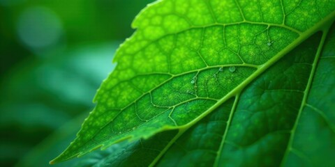 Close-up View of a Vibrant Green Leaf with Intricate Vein Details and Tiny Water Droplets