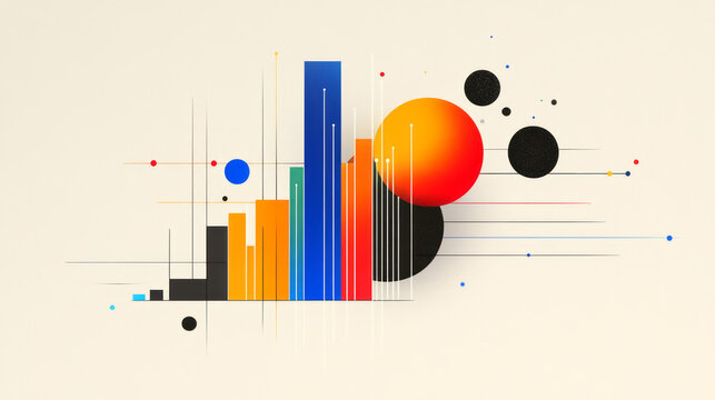 An abstract depiction of statistical data visualization, using colorful bar graphs, pie charts, and scatter plots in an artistic composition,