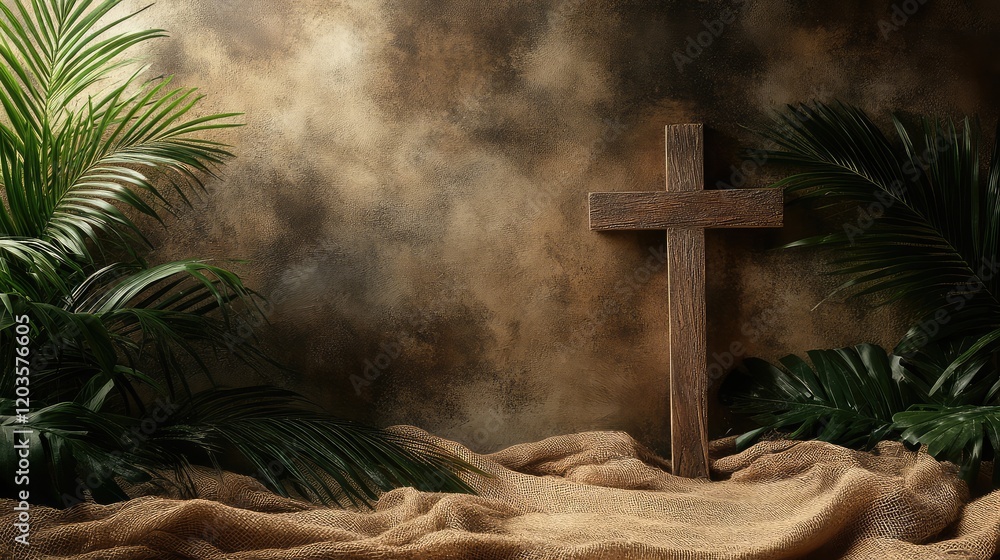 Poster palm fronds and a wooden cross lying on a burlap cloth, with soft light creating a contemplative moo