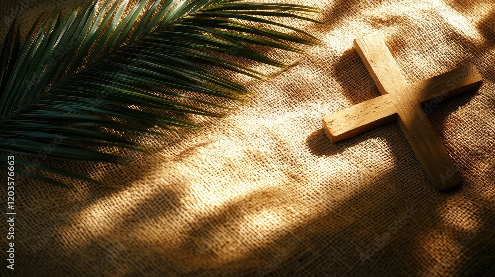 Aufkleber palm fronds and a wooden cross lying on a burlap cloth, with soft light creating a contemplative moo